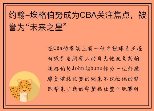 约翰-埃格伯努成为CBA关注焦点，被誉为“未来之星”