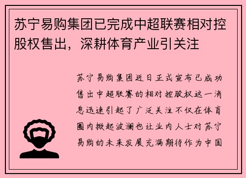 苏宁易购集团已完成中超联赛相对控股权售出，深耕体育产业引关注